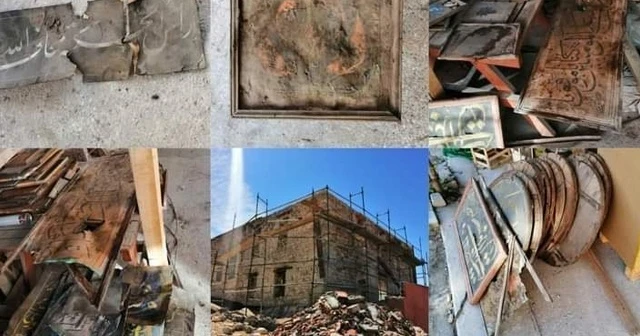 Cami restorasyonunda çatıdan çıkan 50 adet hat levha sokağa atıldı