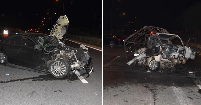 Otomobilin çarptığı kamyonet alev aldı: 1'i ağır 2 yaralı