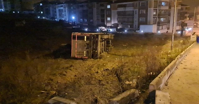 Park halindeki tırın frenleri boşalınca boş araziye devrildi