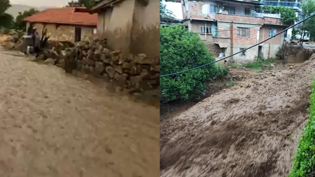 Şiddetli yağış köydeki yolları dereye çevirdi