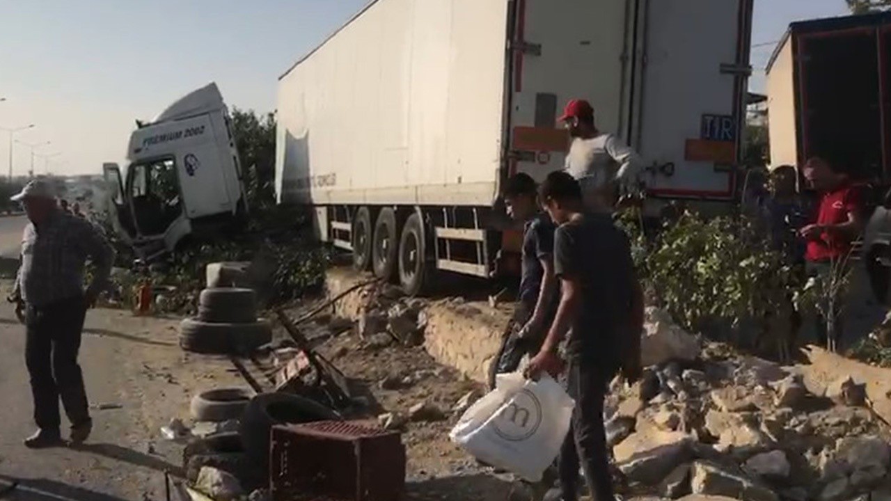 Freni boşalan tır tehlike saçtı: İki araca çarptı, ağaçları biçti