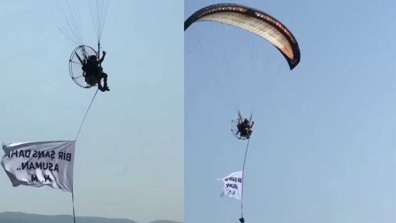 Paramotorda pankart açan genç son şansı havadayken istedi