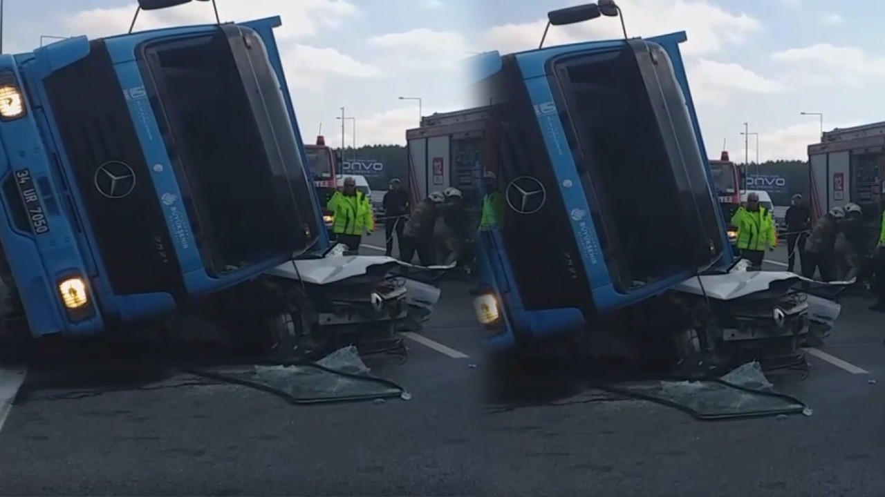Kuzey Marmara Otoyolu&#039;nda feci kaza! Beton yüklü kamyon otomobili kağıt gibi ezdi