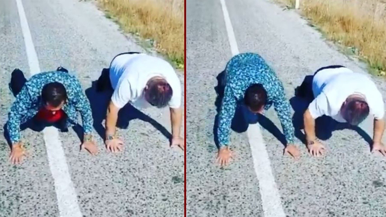 Ünlü sanatçı Hasan Yılmaz iddiayı kaybedince yol ortasında şınav çekti