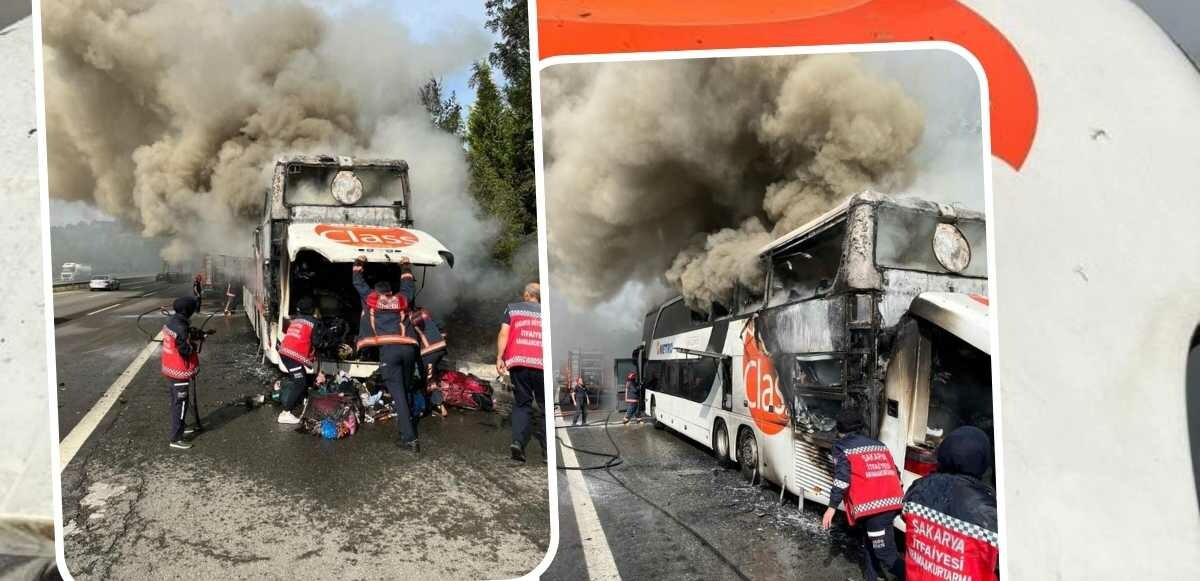 TEM Otoyolu&#039;nda korku dolu anlar! İçi yolcu dolu otobüs alev alev yandı