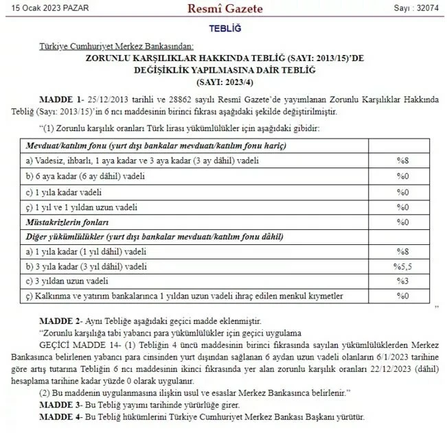 Son dakika! Resmi Gazete'de yayımlandı: Merkez Bankası zorunlu karşılık oranlarını değiştirdi
