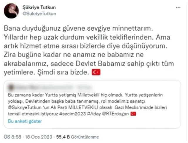 Cumhurbaşkanı Erdoğan'a 'keşke babam olsa' diyen sanatçı Şükriye Tutkun adaylığını açıkladı