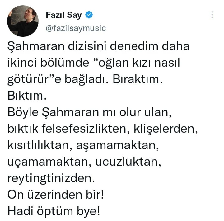 Fazıl Say Şahmaran’ı eleştiri yağmuruna tuttu: Ucuzluktan, klişelerden, reytinginizden bıktım!