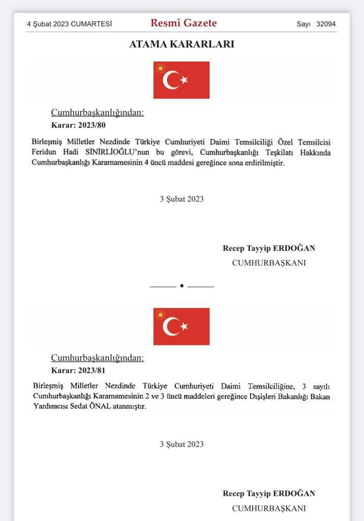 Atama kararı Resmi Gazete'de: Türkiye'nin BM Daimi Özel Temsilcisi Feridun Sinirlioğlu görevden alındı