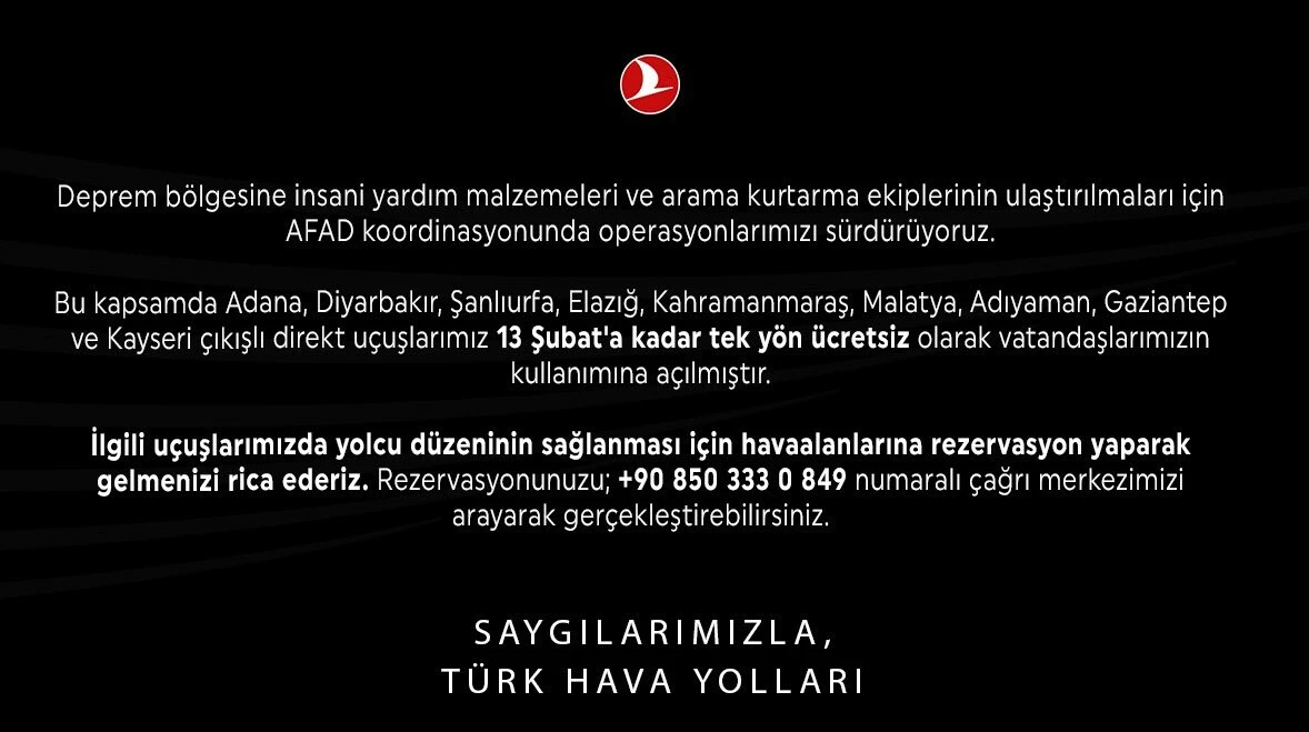 THY'den deprem bölgesine ücretsiz uçuş