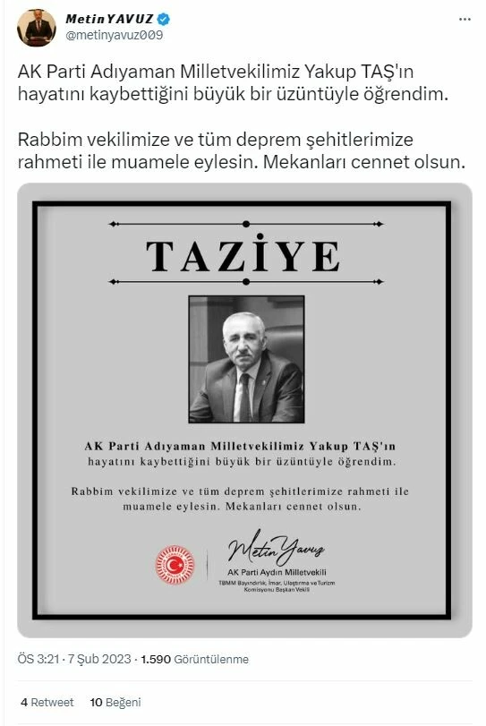 Enkaz altında kalan AK Parti Adıyaman Milletvekili Yakup Taş, hayatını kaybetti