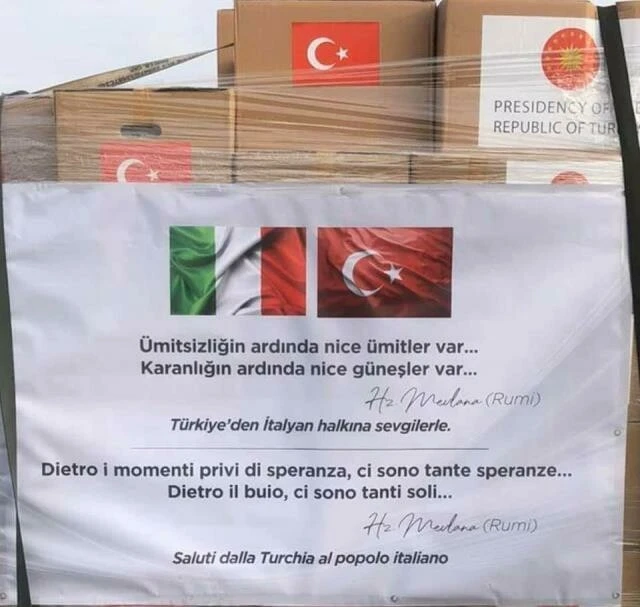 İtalya'nın yardım malzemeleri Mevlana'nın umut dolu sözleriyle geliyor!