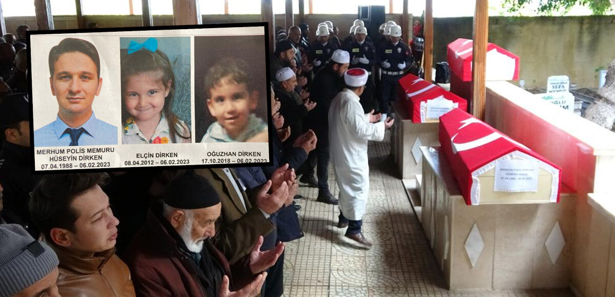 Cenaze töreninde gözyaşları sel oldu: Depremde ölen polis baba ve 2 çocuğuna acı veda