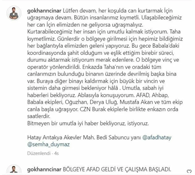 Halen enkaz altında olan Taha Duymaz'ın ablası paylaştı: Sadece çaresizce izliyorum!