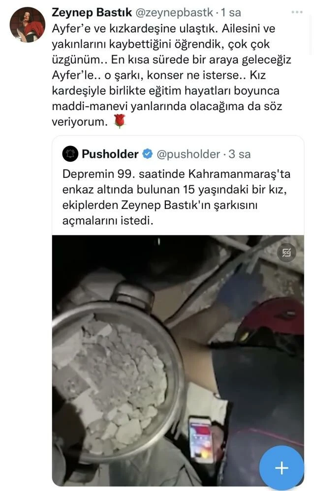 Zeynep Bastık’tan enkaz altında şarkısını dinlemek isteyen genç kıza maddi-manevi destek sözü!
