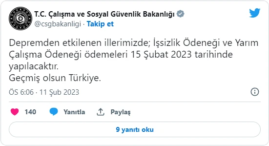 Depremden etkilenen illerde işsizlik ödeneği 15 Şubat'ta yapılacak