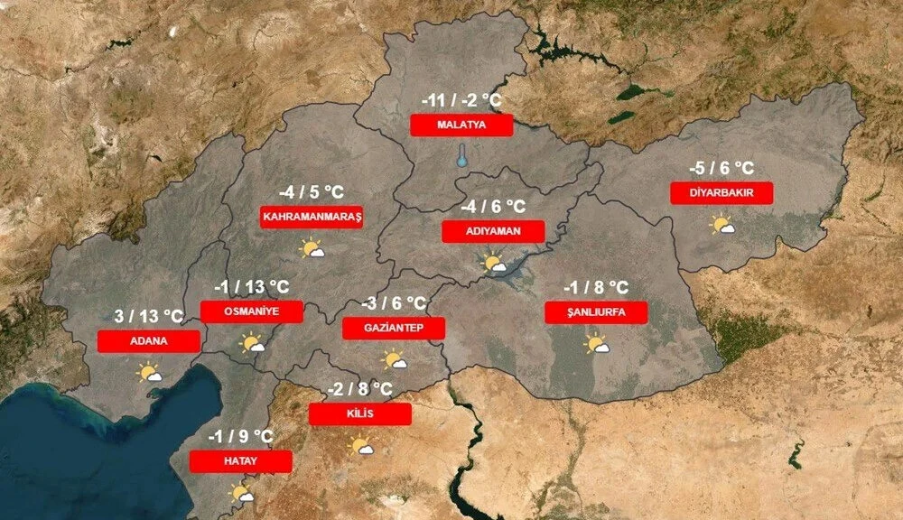 Deprem bölgesi buz gibi: Hava sıcaklıkları eksi 10 derecenin altına düşecek (13-17 Şubat Kilis, Diyarbakır, Adana, Osmaniye, Gaziantep, Şanlıurfa, Adıyaman, Malatya, Hatay hava durumu)