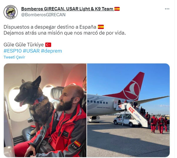 İspanyol arama kurtarma ekibinden paylaşım: Güle güle Türkiye