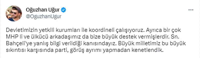 Oğuzhan Uğur’dan Bahçeli’ye: Hep beraber çalışıyoruz