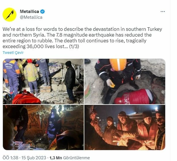 ‘Yıkımı anlatacak kelime bulamıyoruz’ diyen Metallica, Türkiye için 250 bin dolar bağış yaptı