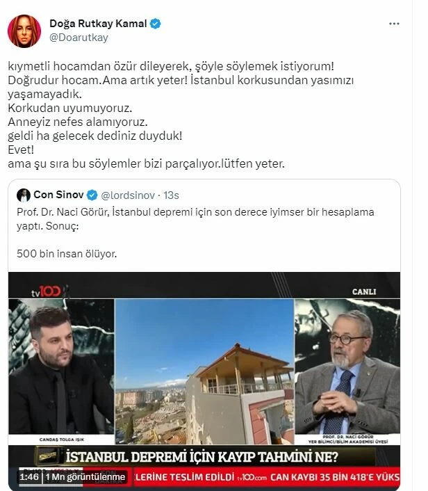 ‘İstanbul büyük risk altında’ diyen Naci Görür'e Doğa Rutkay isyan etti: Artık yeter!