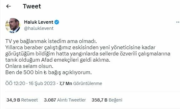 ‘Türkiye Tek Yürek’ kampanyasına bağlanamayan Haluk Levent, 500 bin lira bağışladı!