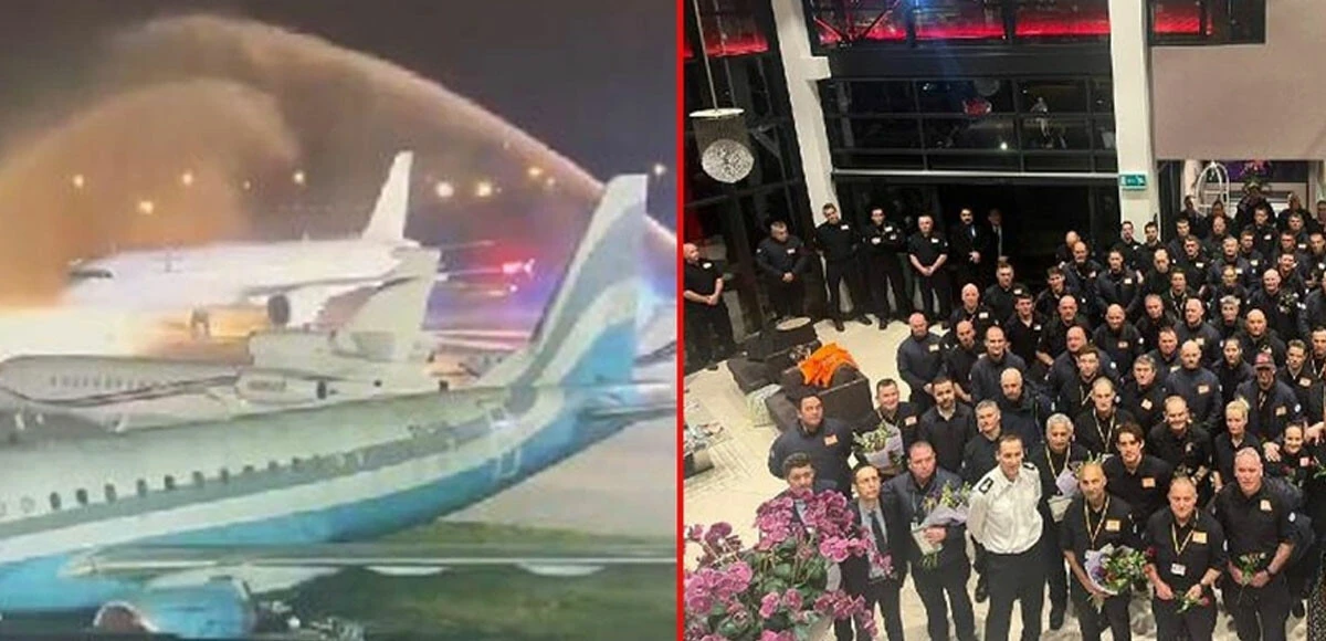 İngiltere'nin arama kurtarma ekibinin uçağına havalimanında su takı töreni yapıldı