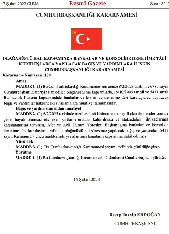 Bankaların bağış ve yardım sınırlamasına muafiyet