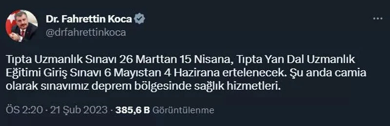 Son dakika! Bakan Koca açıkladı: TUS ve YDUS sınavları ertelendi