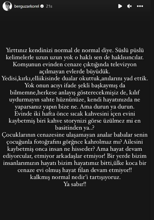 Bergüzar Korel’den sosyal medya paylaşımlarına sert tepki: Cenaze çıktığında televizyon açılmayan evlerde büyüdük!
