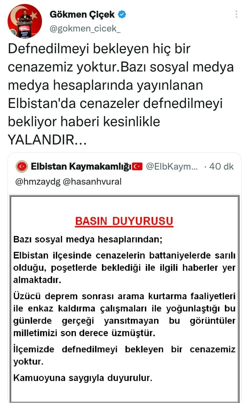 Elbistan Kaymakamlığı'ndan battaniyelere sarılı cenaze iddialarına yalanlama