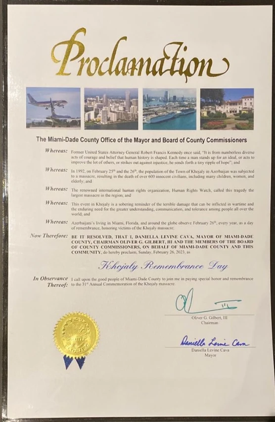 Miami Büyükşehir Belediyesi'nden örnek davranış: Hocalı Katliamı, 'anma günü' olarak ilan edildi