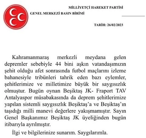 MHP lideri Bahçeli, Beşiktaş üyeliğinden ayrıldı! Peş peşe açıklamalar geldi