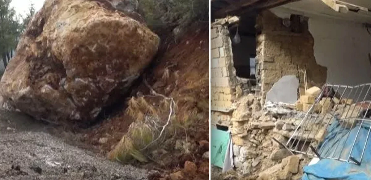 Dağdan kopan kayalar iki köyü birden vurdu: Vatandaşlar deprem oluyor sandı