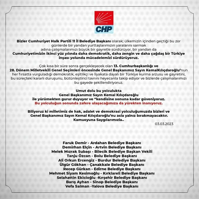 CHP'li 11 il belediye başkanından Kemal Kılıçdaroğlu'na destek