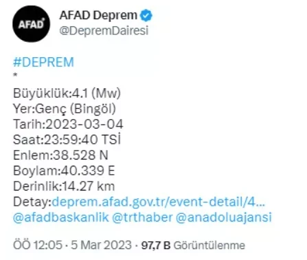 Bingöl'de 4.1 büyüklüğünde <a href=