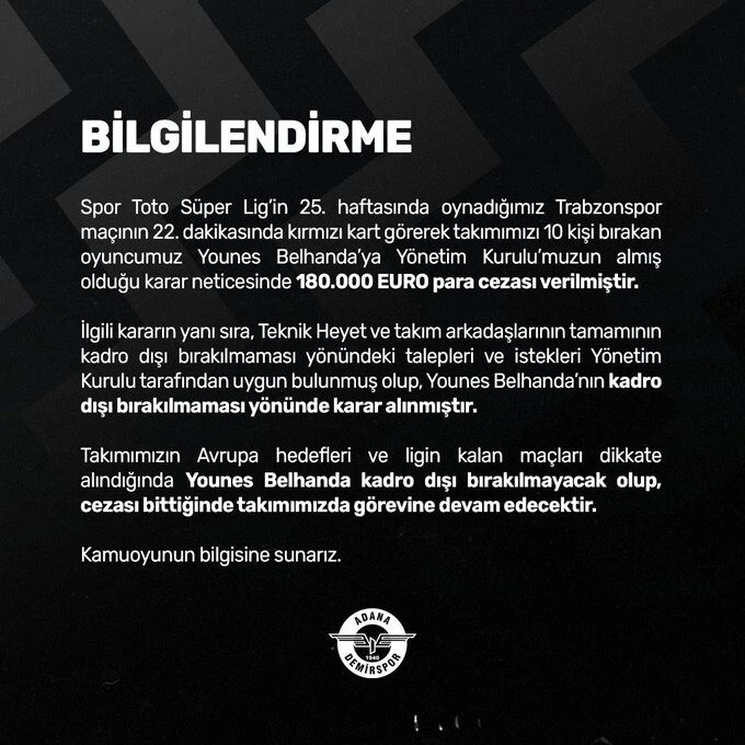 Adana Demirspor'dan Belhanda'ya para cezası!