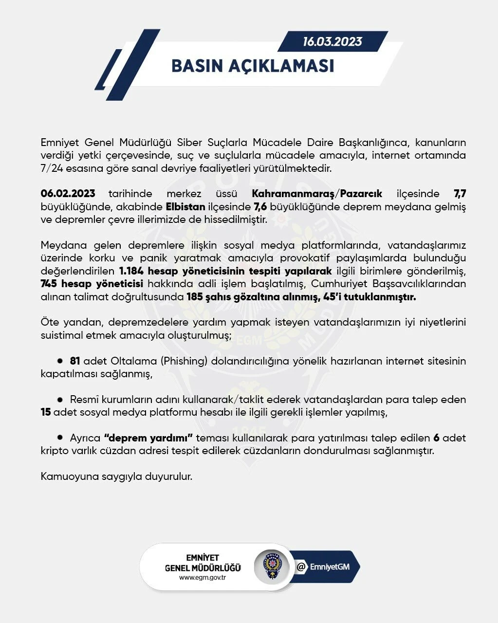 Depremle ilgili provokatif paylaşım yapan 45 kişi tutuklandı