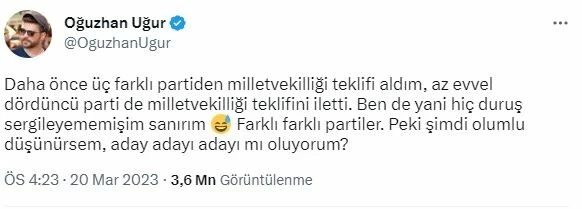 Oğuzhan Uğur milletvekilliği teklifi aldığını açıkladı