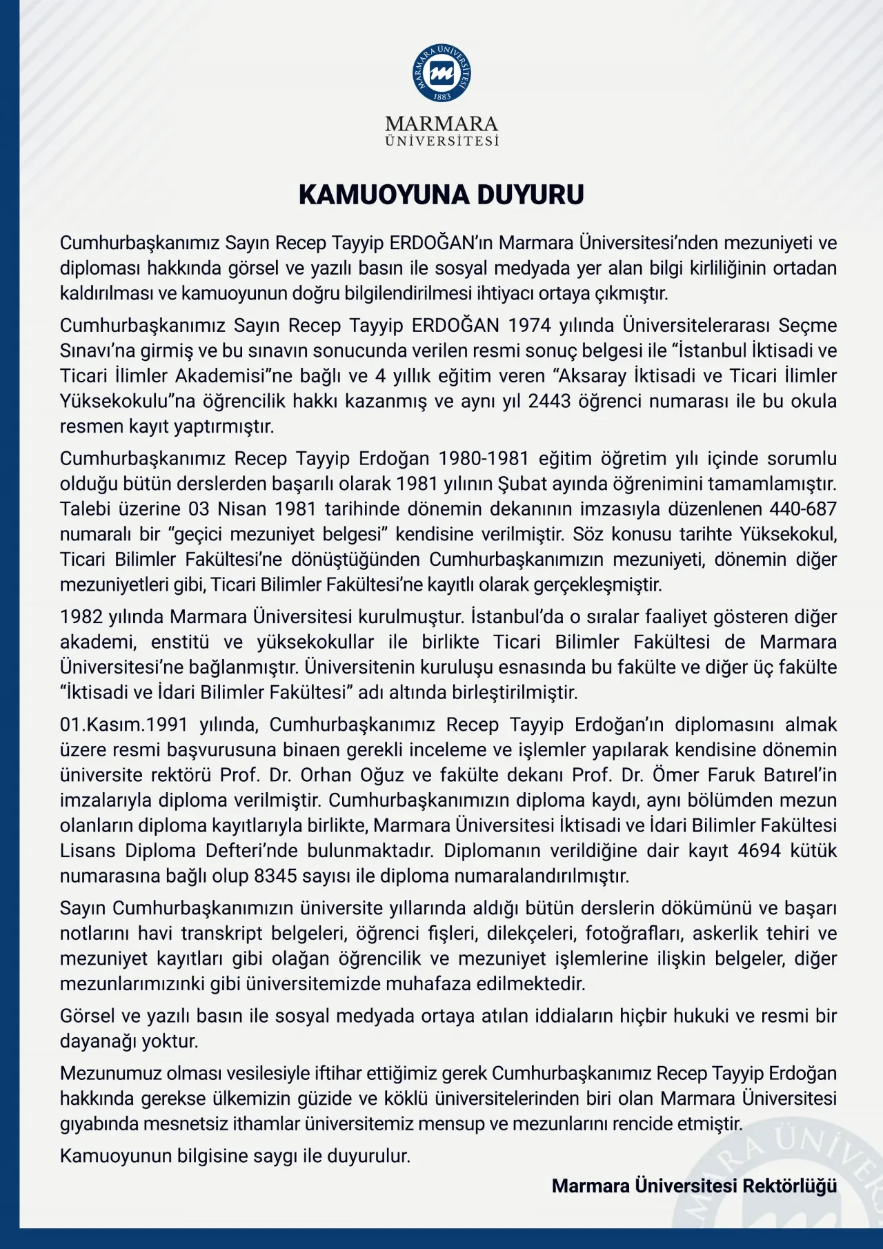 Muhalefetin 'diploma' iddiaları çürüdü! Marmara Üniversitesi, Cumhurbaşkanı Erdoğan'ın okul numarasından kayıt kütüğüne kadar paylaştı