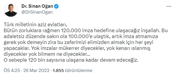 Sinan Oğan, 100 bin imzaya ulaşarak yarışa dahil oldu!