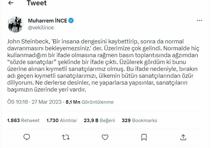 'Sözde sanatçılar' sözünden sonra topa tutulan Muharrem İnce tüm sanatçılardan özür diledi