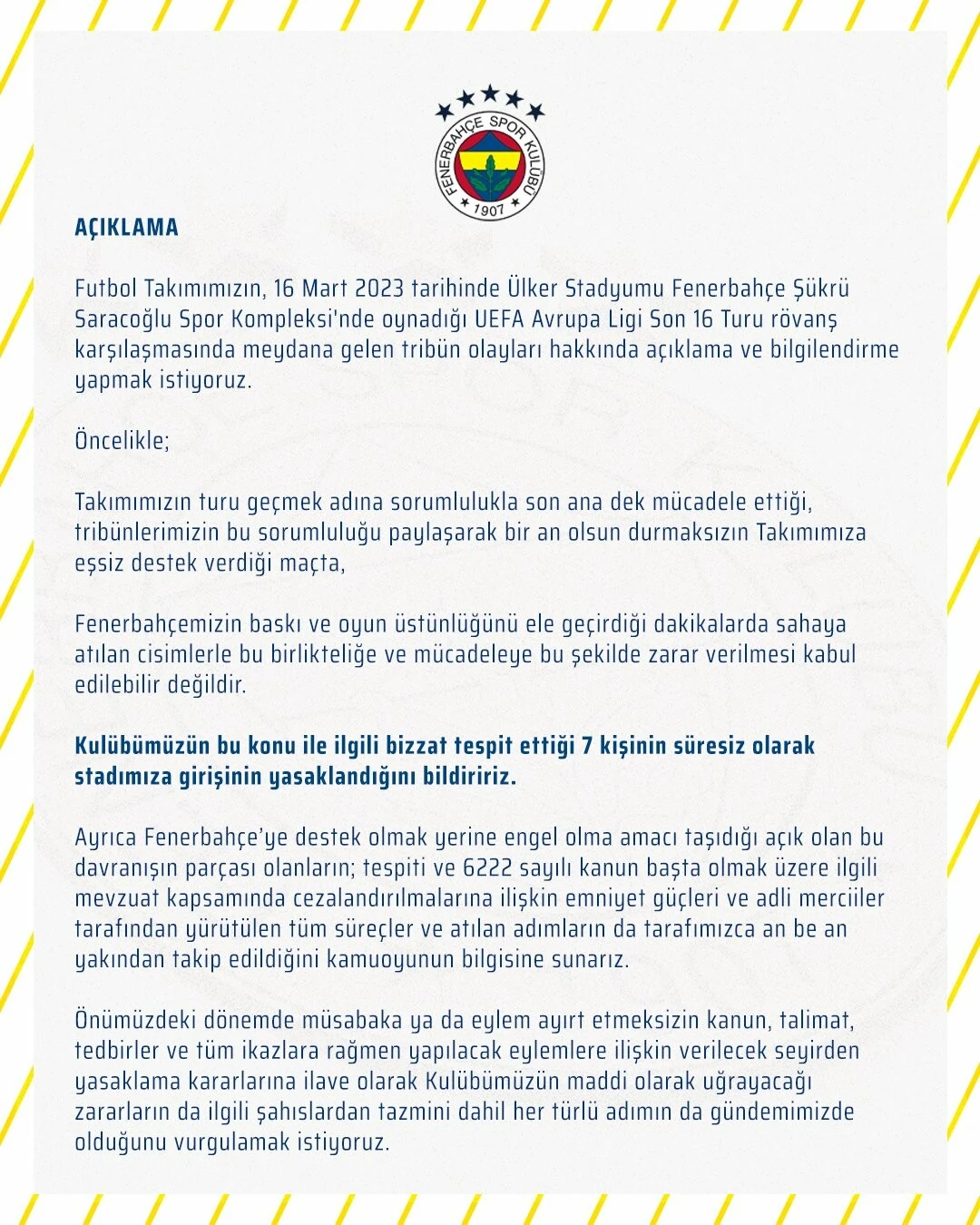 Fenerbahçe'den 7 taraftarına süresiz men cezası
