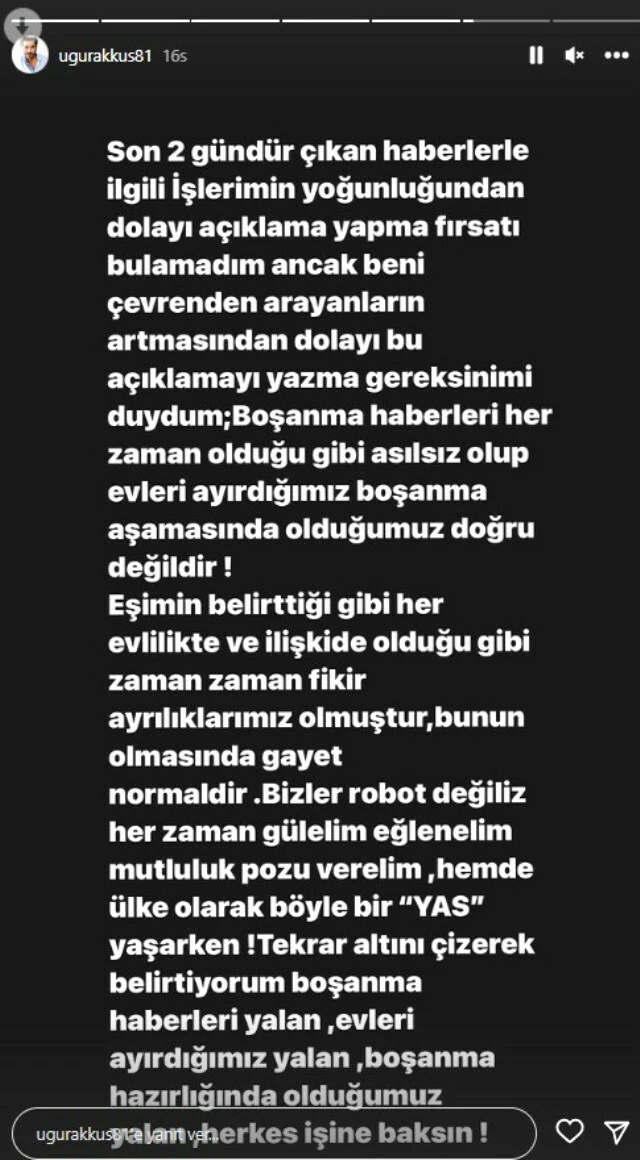 Boşanma haberleri üzerine Uğur Akkuş da sessizliğini bozdu: Herkes işine baksın!