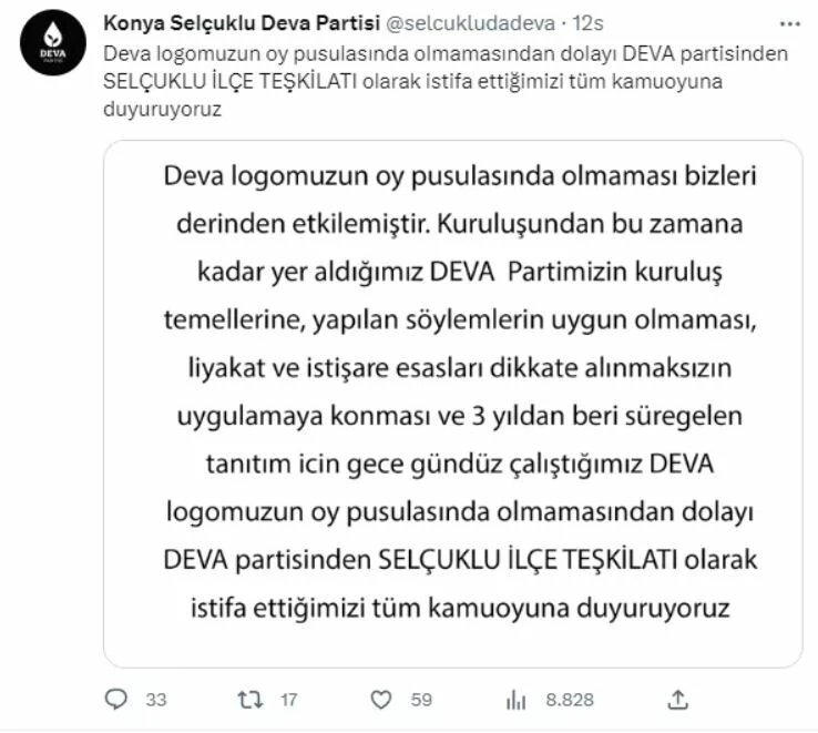 DEVA Partisi'nde 'ortak liste' depremi! Selçuklu İlçe Teşkilatı topluca istifa etti