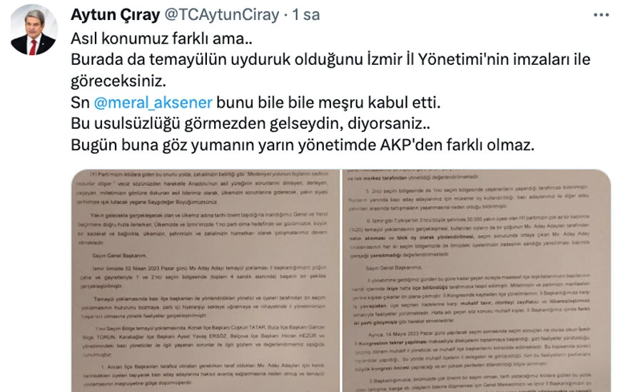 Aytun Çıray: Akşener usulsüzlüğü onayladı Aytun Çıray: Akşener usulsüzlüğü onayladı