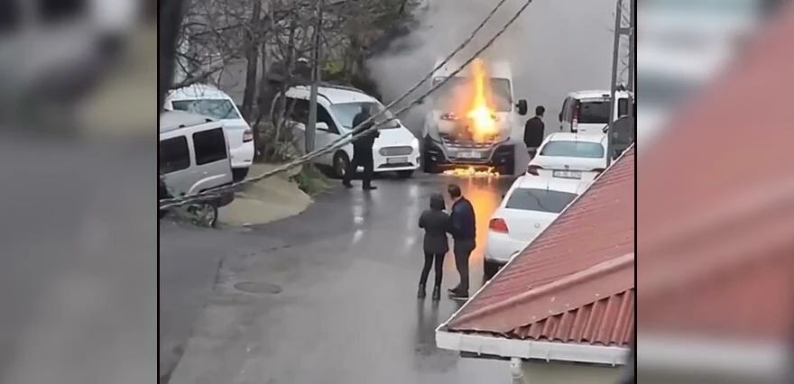 Beykoz'da okul servisi alev alev yandı