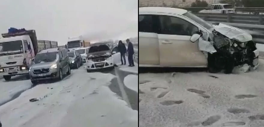 Gaziantep'te zincirleme kaza! Dolu yağdı, 7 araç birbirine girdi...