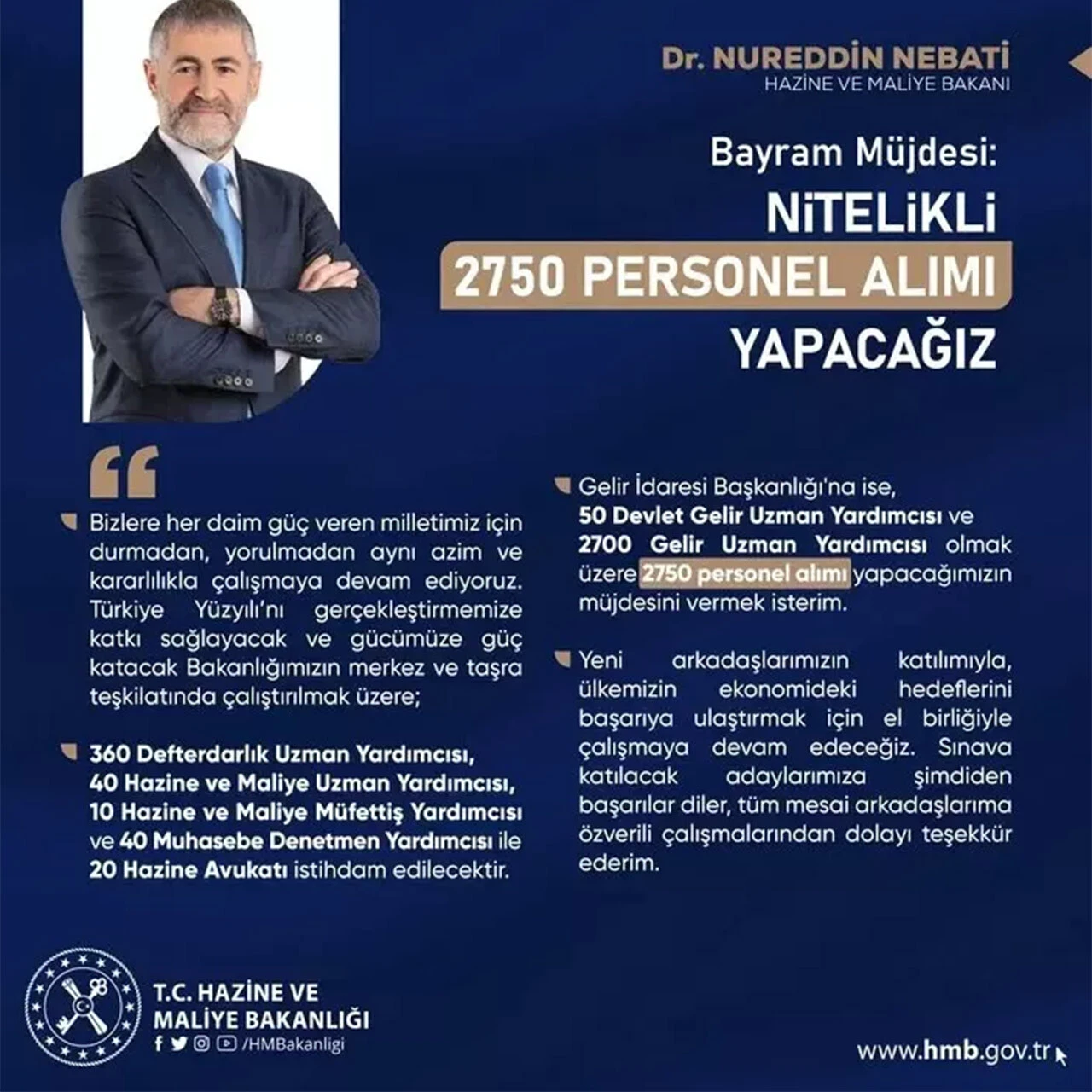 Bakan Nebati'den bayram müjdesi: 2 bin 750 personel alınacak