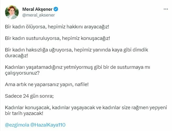 Ezgi Mola para cezası, Hazal Kaya’nın ise hapsi istenmişti! O davaya Meral Akşener’den sert tepki geldi